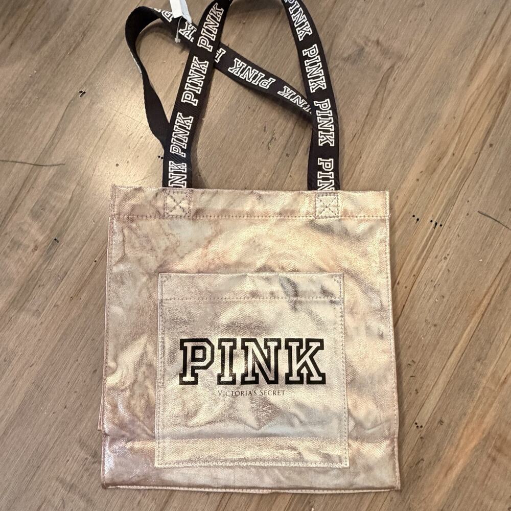 NWT Victoria’s Secret PINK Rose Gold Metallic Chrome Small Logo Tote Bag